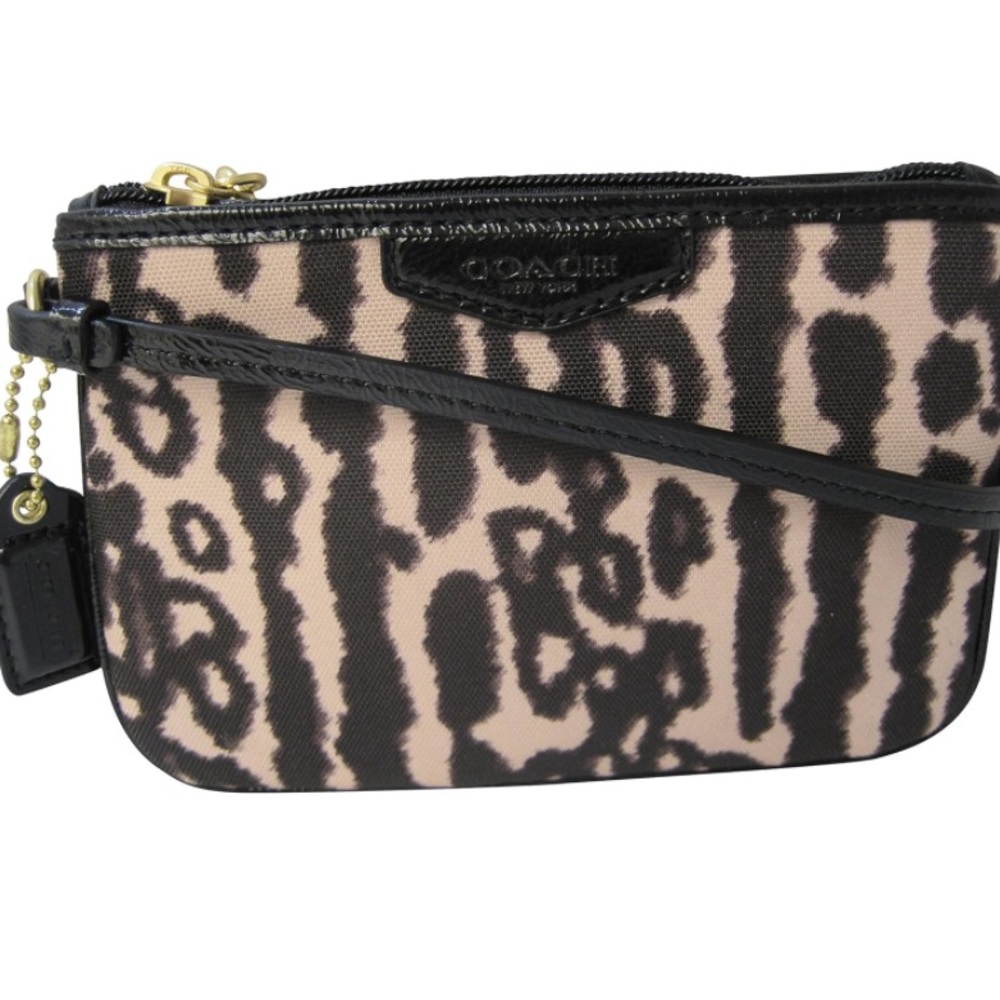 COACH Animal Print Wristlet Black Patent Leather Trim Gold Toned Hardware